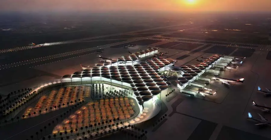 Aéroport d'Amman en Jordanie vue du ciel et de nuit