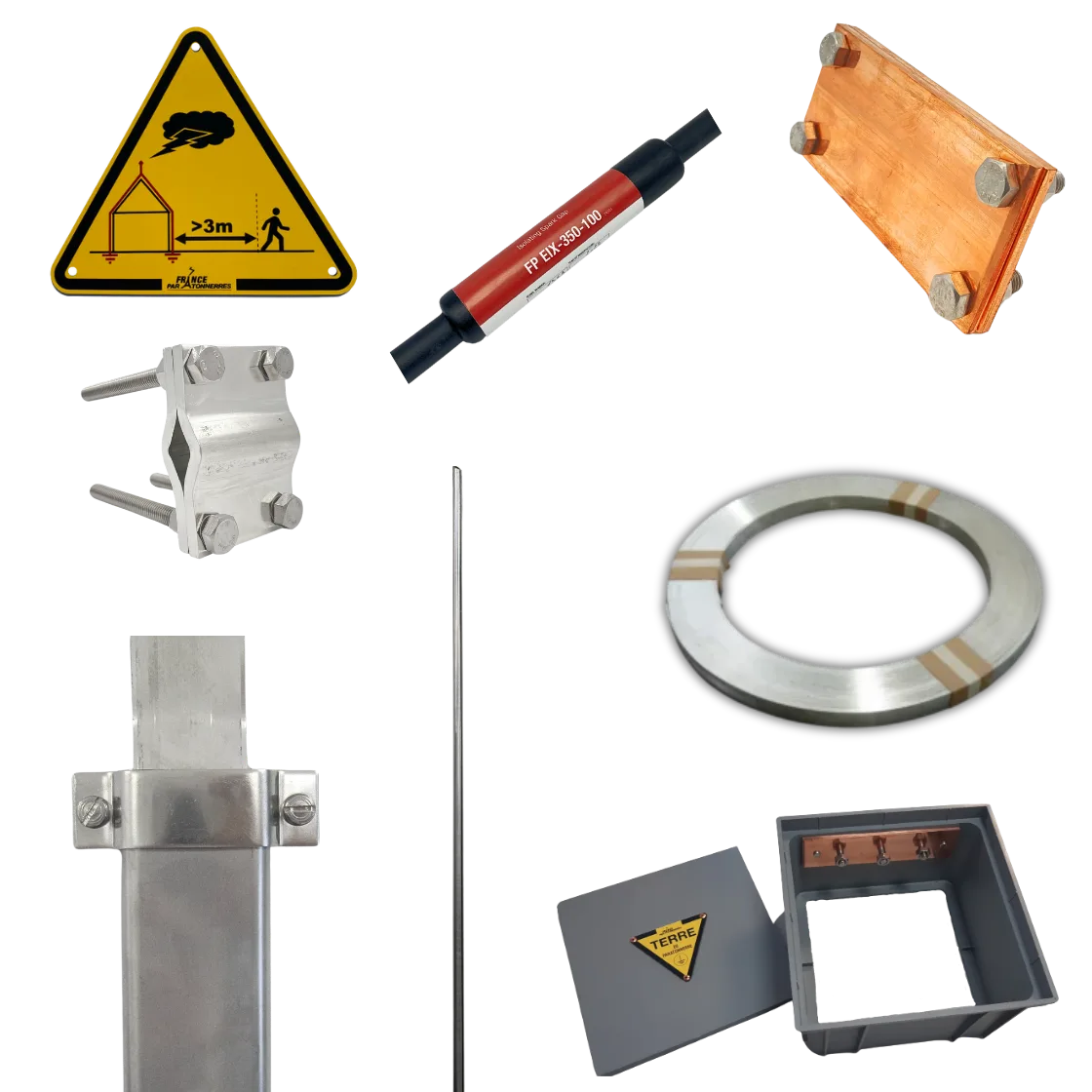 Accessories of lightning protection : connectors, down conductors, spark gap, inspection pit, earth rods...